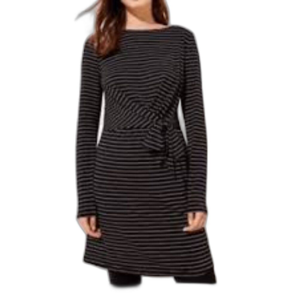 LOFT Women's Black Gold Striped Tie Waist Long Sleeves Work Office Dress Sz M